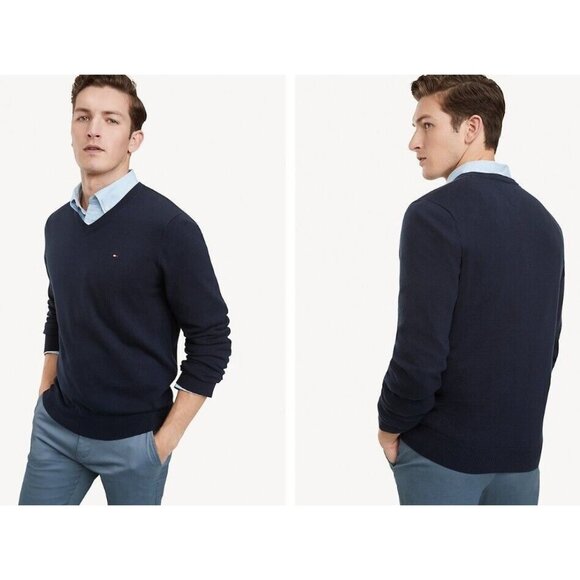 Tommy Hilfiger Essential Sweater Mens Navy Blue SIZE XL Logo Cotton VNeck - Picture 1 of 10